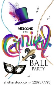 Carnival background with colorful lettering and carnival objects. Vector illustration
