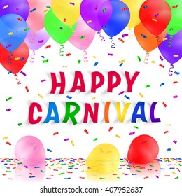 Carnival background with colorful realistic balloons and confetti. Greeting card. Vector illustration.