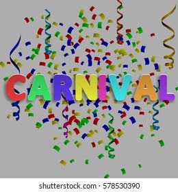 carnival background with confetti and colorful ribbons on white background. Vector illustrations.