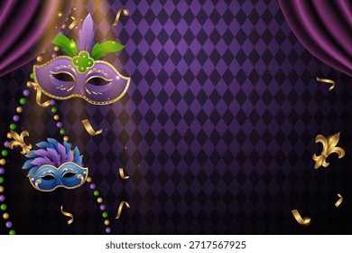 Espacio de copia de fondo de carnaval con máscara y confeti para Anuncio y póster