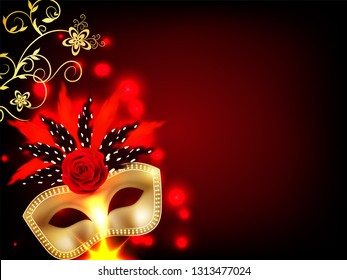 Carnival background decorated with golden party mask and floral motif illustration.