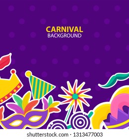 Carnival background decorated with sticker style jester hat, balloons, lip prop, mask and crown illustration.