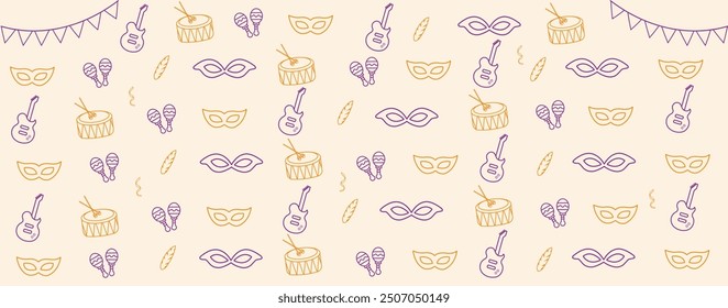 carnival background design with mask, feathers, drum, guitar and flags for party. Mardi Gras festive, carnival, festival, parade. template for design background