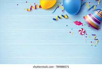 Carnival background flat lay. Balloons, streamers, candy, confetti on blue wooden background. Vector illustration