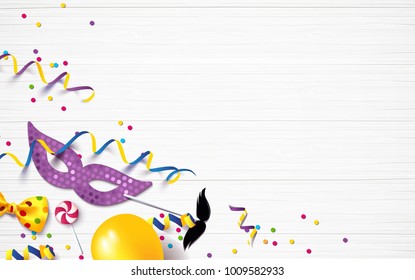 Carnival background flat lay. Carnival mask, streamers, confetti on white wooden background. Vector illustration