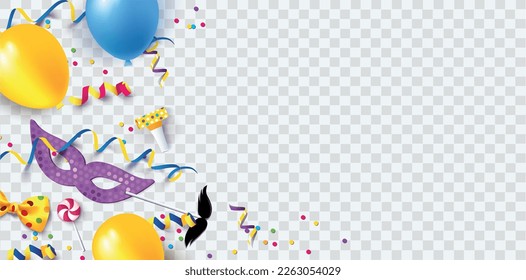 Carnival background flat lay. Carnival mask, streamers, confetti, balloons. Vector illustration