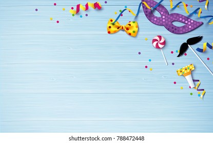Carnival background flat lay. Carnival mask, streamers, confetti on blue wooden background. Vector illustration