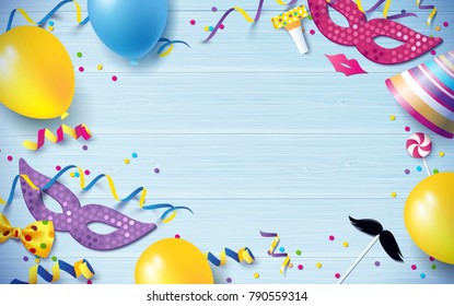 Carnival background flat lay. Carnival mask, streamers, confetti, balloons on blue wooden background. Vector illustration