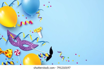 Carnival background flat lay. Carnival mask, streamers, confetti, balloons on blue background. Vector illustration