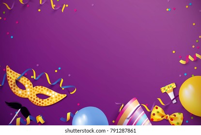 Carnival background flat lay. Carnival mask, streamers, confetti, balloons on purple background. Vector illustration