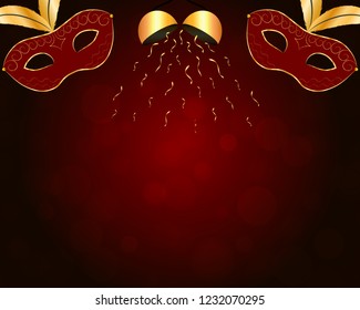 Carnival background with gilt red mask, gold confetti ball and bokeh. Vector eps 10.