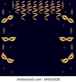 Carnival background with golden masks, streamers and stars. Dark blue color