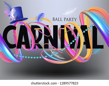 Carnival background with levitating party objects and letters. Vector illustration