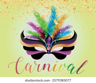 Carnival background, with mask, feathers and colorful confetti