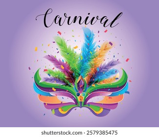 Carnival background, with mask, feathers and colorful confetti