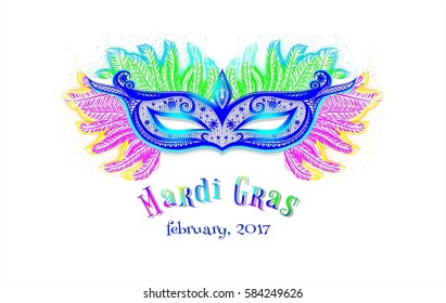 Carnival background with mask with feathers. Colorful flyer. Design poster to Mardi Gras. Vector isolated illustretion. Brazilianl carnival.