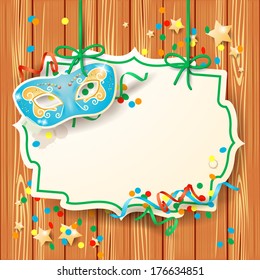 Carnival background with mask and label, vector