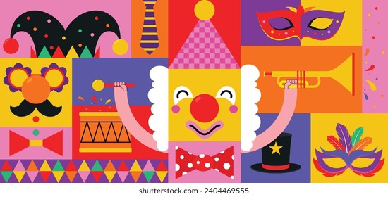 Carnival background with masks, clowns, musical instruments, confetti. Conceptual design for festivals and circus events.