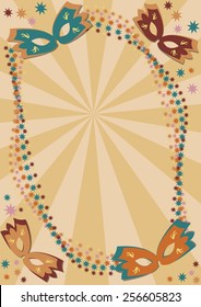 Carnival background with multicolored confetti and carnival masks in art deco style