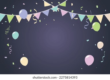 Carnival Background With Party Flag, Colorful Pastel Tiny Confetti And Streamer Ribbon. Celebration Event and Happy Birthday. Multicolored. Vector