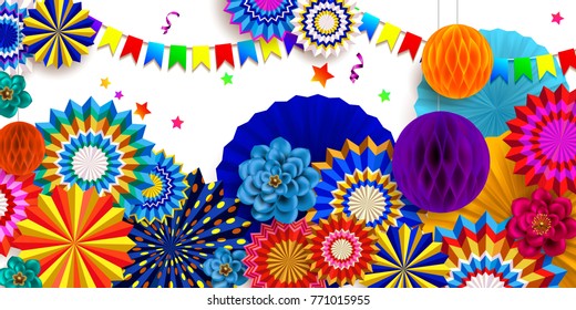 Carnival background.Design of children`s party poster. Colorful 3D