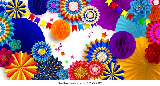 Carnival background.Design of children`s party poster. Colorful 3D