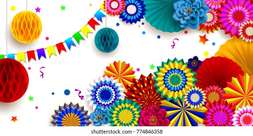 Carnival background.Design of children`s party poster. Colorful 3D