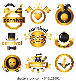 Carnival badges with gold icons and objects. Celebration party set.
