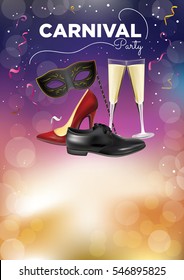 Carnival ball - women's shoes, men's shoes, champagne glasses and a mask on a colorful background