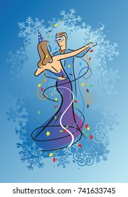 Carnival ballroom dance couple.
Illustration of Young couple dancing ballroom dance and confetti on snowflakes background.Vector available