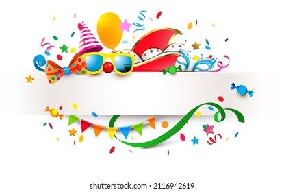 Carnival banner background with colorful confetti, streamers, balloons and carnival costumes accessories	