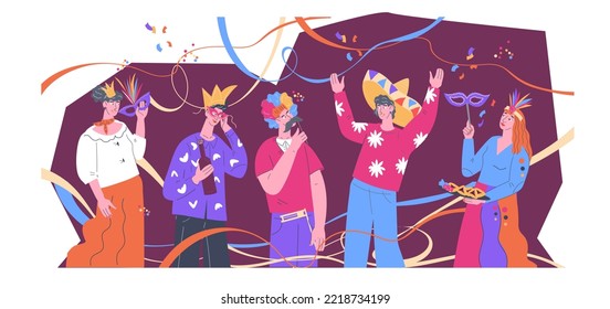 Carnival banner background with men and women in masks on festival, carnival or party, flat vector illustration isolated on white background. Festive event of birthday party, Purim or Mardi Gras.