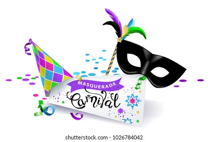     Carnival banner. Black carnival mask with colorful feathers, multicolored hat and sheet of paper with the calligraphic inscription Carnival on white background 