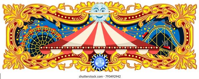 Carnival banner circus template. Circus vintage theme for kids birthday party invitation or post. Quality vector illustration.