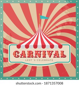 carnival banner with circus tent over sunlights retro background .vector illustration