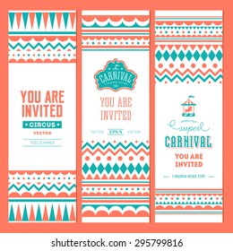 Carnival banner collection. Circus ticket. Birthday poster. Invite. Vector illustration