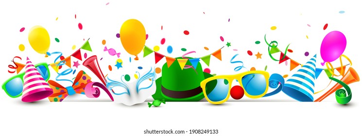 Carnival banner with colorful costume items, confetti, balloons and streamers