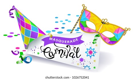 Carnival banner. Colorful carnival mask  multicolored hat and sheet of paper with the calligraphic inscription Carnival on white background 