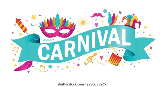 Carnival banner concept. Holiday and festival. Bright mask and confetti, traditions and culture. Graphic element for website, invitation and greeting card design. Cartoon flat vector illustration