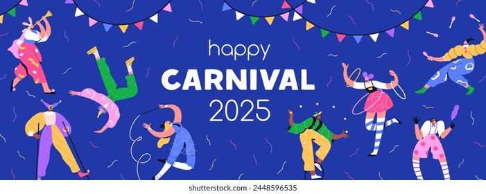 Diseño de Anuncio de carnaval. Feliz festival de fondo Plantilla, payasos, acróbatas y bufones. Fiesta de carnaval, espectáculo festivo callejero, evento de circo, diversión y entretenimiento de vacaciones. Ilustración vectorial plana