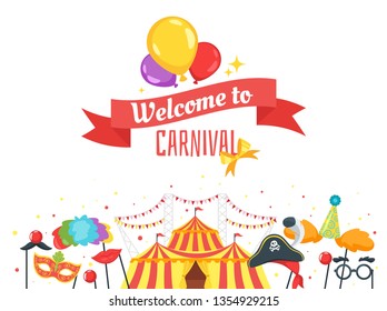 Carnival banner design template with photo prop accessories and traditional tent. Vector illustration.