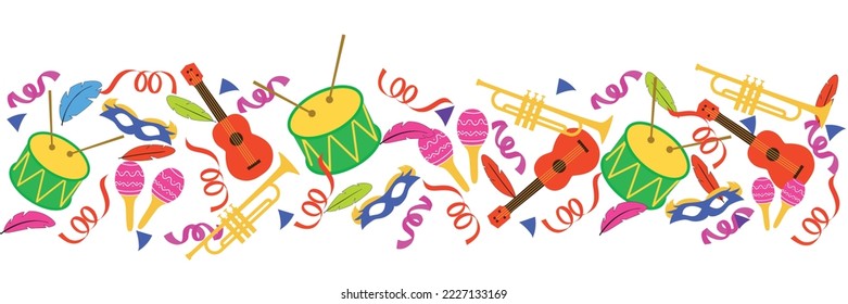 Carnival banner with carnival elements. Drum, maracas, ukulele, trumpet, mask, serpentine