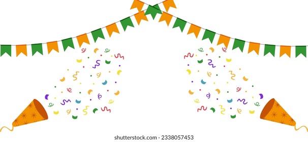 Carnival Banner with Firecracker, ribbon and paper Confetti. Big horizontal holiday poster with Comfetti, serpantine and space for text isolated on white background. Vector illustration.
