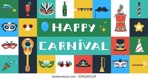 Carnival banner. Flat masks, musical instruments and colorful party props. Decorative festival elements, glass with splash, decent vector background