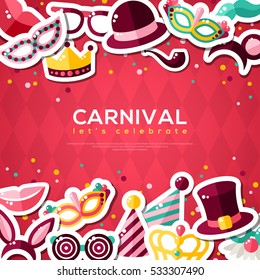 Banner de Carnaval com conjunto de ícones de adesivo plano. Ilustração vetorial. Conceito de máscaras. Fronteiras horizontais com máscaras, boné de palhaço, lábios sorridentes, coroa princesa no fundo vermelho.