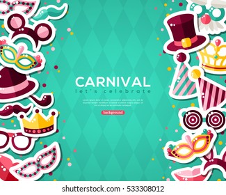 Carnival Banner With Flat Sticker Icons Set. Vector illustration. Masquerade Concept. Vertical Borders with Masks, Clown Cap, Smiling Lips, Princess Crown on Blue Background.