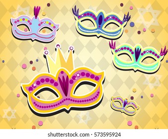 Carnival banner with flat sticker icons set. Masquerade Concept.