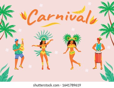 Carnival banner flat vector template. Horizontal poster with concepts design. Men playing on traditional musical instruments cartoon illustration with typography. Latino ladies on pink background