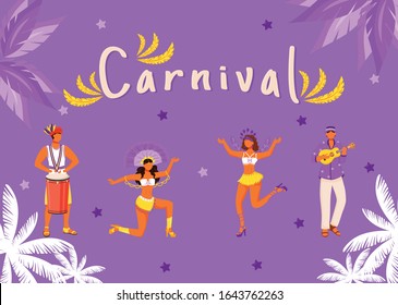 Carnival banner flat vector template. Horizontal poster with concepts design. Brazilian parade. Men playing on tumbadora cartoon illustration with typography. Dancing women on purple background