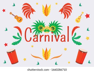 Carnival banner flat vector template. Brochure, poster concept design with cartoon illustrations. Masquerade mask and crowns. Musical instruments horizontal flyer, leaflet with text